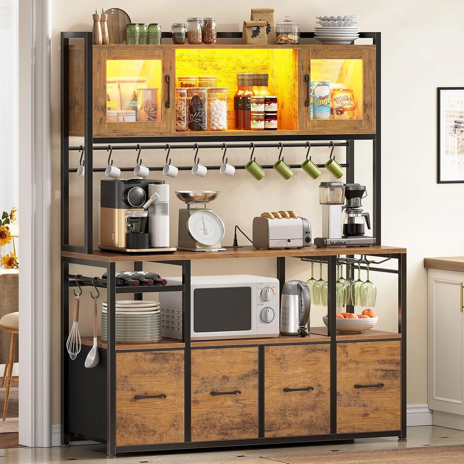 Rack with Power Outlet and LED Light, 47.2'' Microwave Stand with Storage, Kitchen Coffee Bar Cabinet with Glass Door, 4 Drawer, Wine Rack, Goblet Holder and 12 Hooks, Rustic Brown