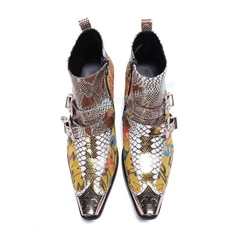 

Fashion Men Buckle Ankle Strap Metal Pointed Toe Ankle Boots Male Side Zipper Yellow Purple Wedding Formal High Top Shoes