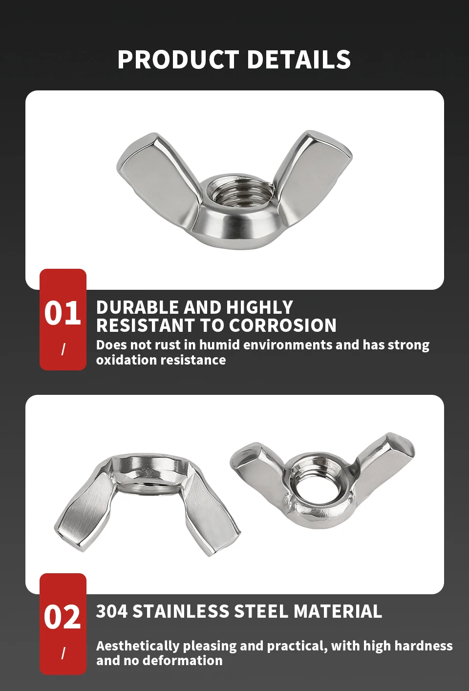 DIN315 304 Edelstahl Flügelmutter Handfestziehbar Ohne Werkzeug M3 M4 M5 M6 M8 M10 M12 M14 M16 – Detail 4