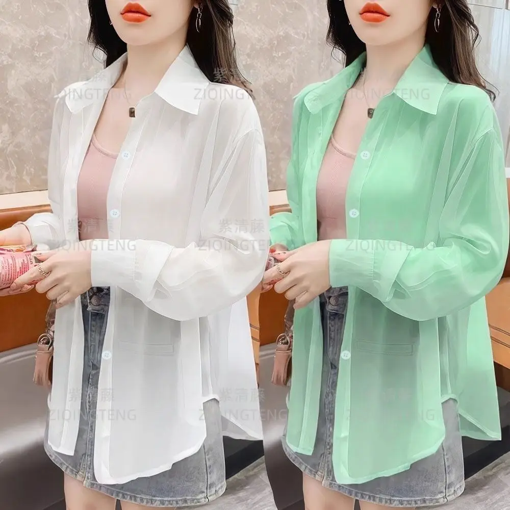 White Chiffon Shirt Ladies Coat Summer New Commuter Jacket Long Sleeve Cardigan Ladies Western Style Outwear Korean Women Tops