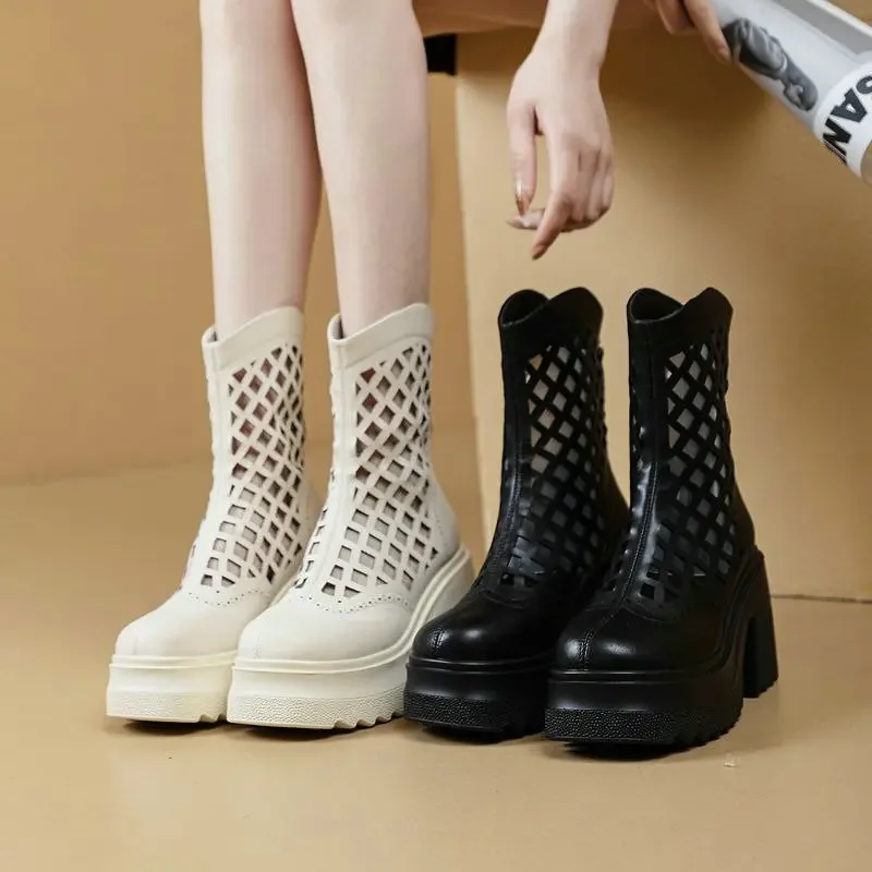 Summer New British Style Retro Chunky Bottom Hollow Cut Out Sewing Cross-tied Genuine Leather Women Ankle Short Boots