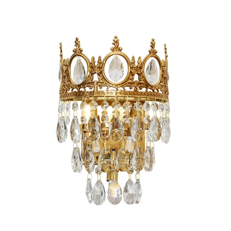 French Baroque Wall Lamp Gold Imperial Crown Brass Wall Scone Lights Small Crystal Lamps for Hallway Living Room