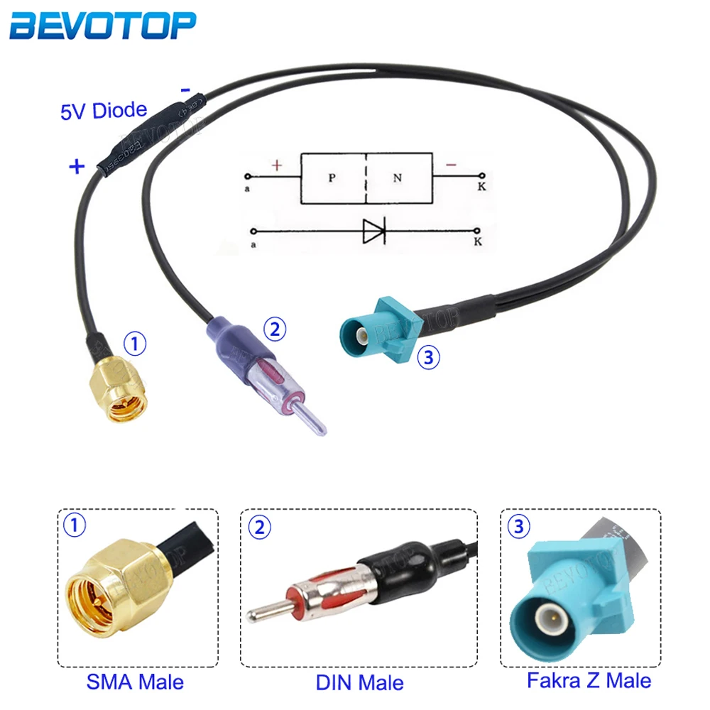 

New RG-174 Fakra Z Male to SMA Male & DIN FM Male Y Type Splitter Cable With Diode RG174 Pigtail Car GPS Antenna Extension Cable