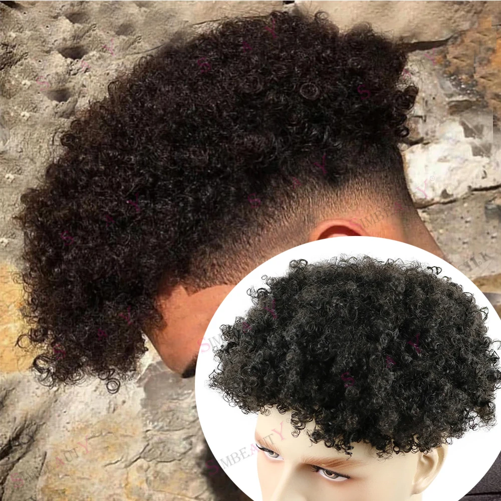 

Natural Hairline 8mm Afro Kinky Curly Toupee for Men Virgin Human Hair Prosthesis System Super Durable Full Skin PU Male Wigs