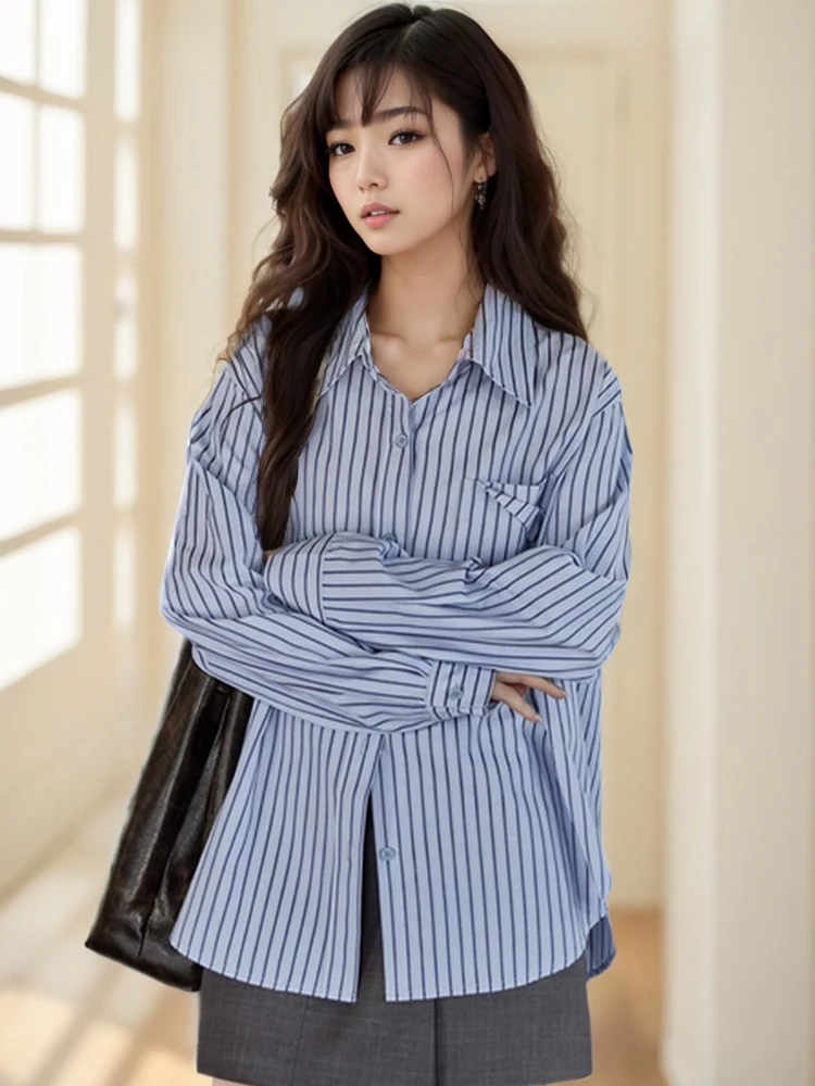 Csa informal de manga larga a rayas azules para mujer, ropa de abrigo hoada de estilo coreano, diseño con cuello , p...