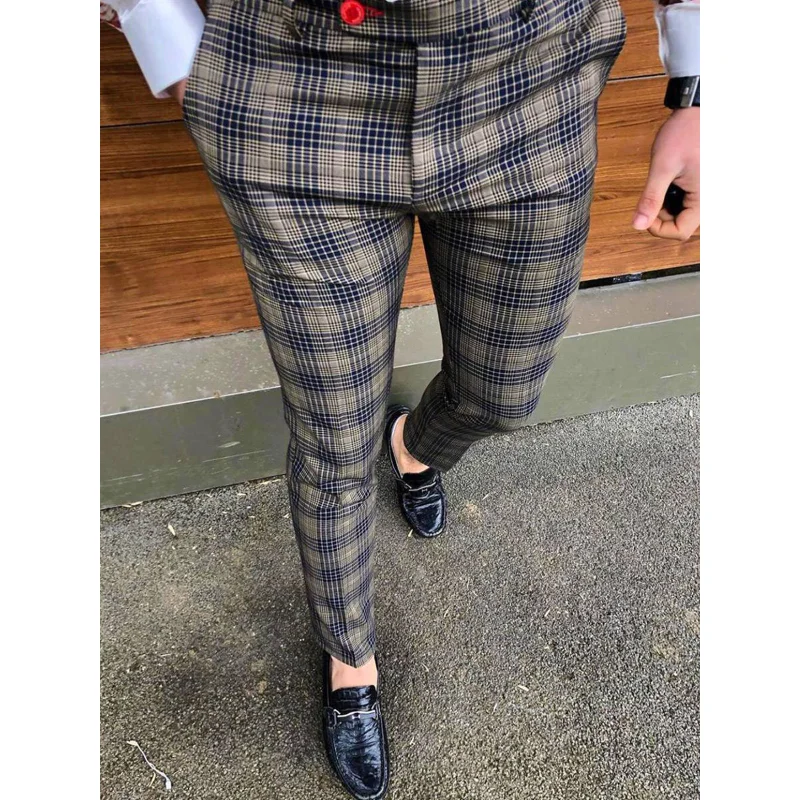 New Fashion Men's Clothing Plaid Pencil Thin Checked Cropped Pants Mid Waist Jogger Casual Vintage Trousers Pants Men Clothing