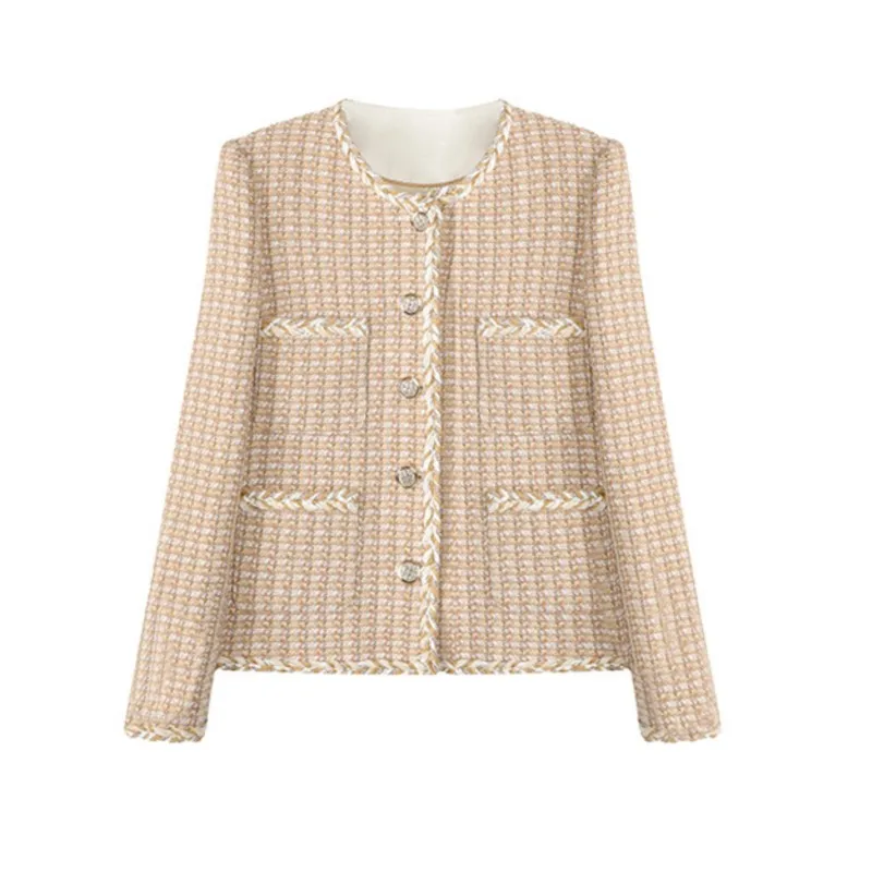 

Khaki check small fragrance coat spring/fall women's new tweed top