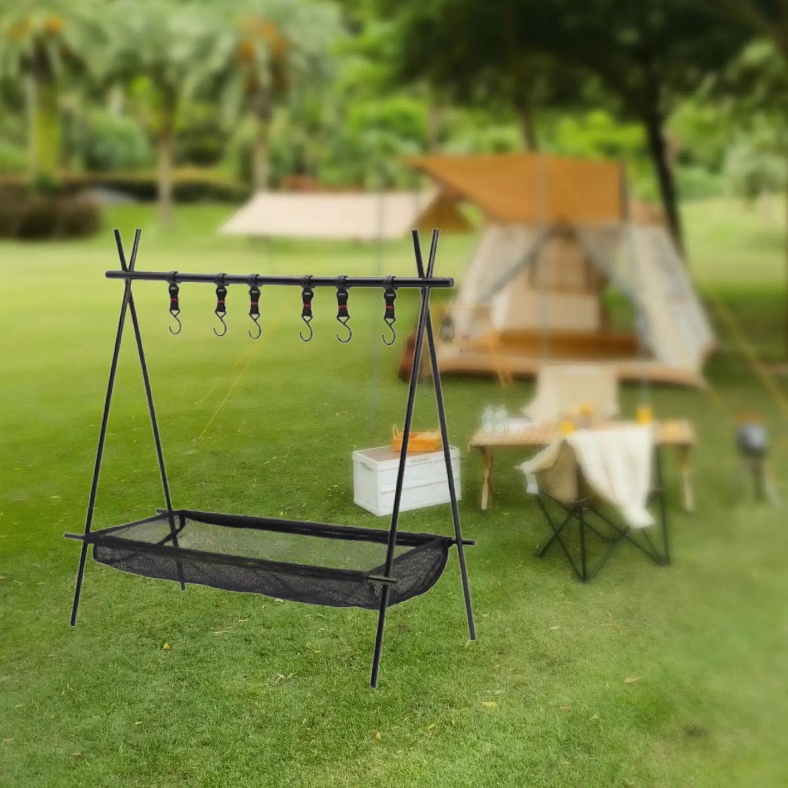 Camping Folding Rack with Hooks and Net Pocket Outdoor for Picnic Hiking BBQ