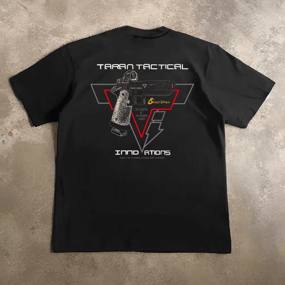 2026 Men Tactical Handgun Graphic T Shirt Cotton O-Neck Short Sleeve Triangle Frame Gun Print Double Sided Military Casual Tops