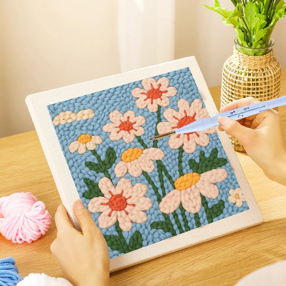 

Embroidery Punch Needle Kit Frame for Beginners Flower with Hoop Embroidery Punch Needle Starter Sewing Craft Set Perfect Gift