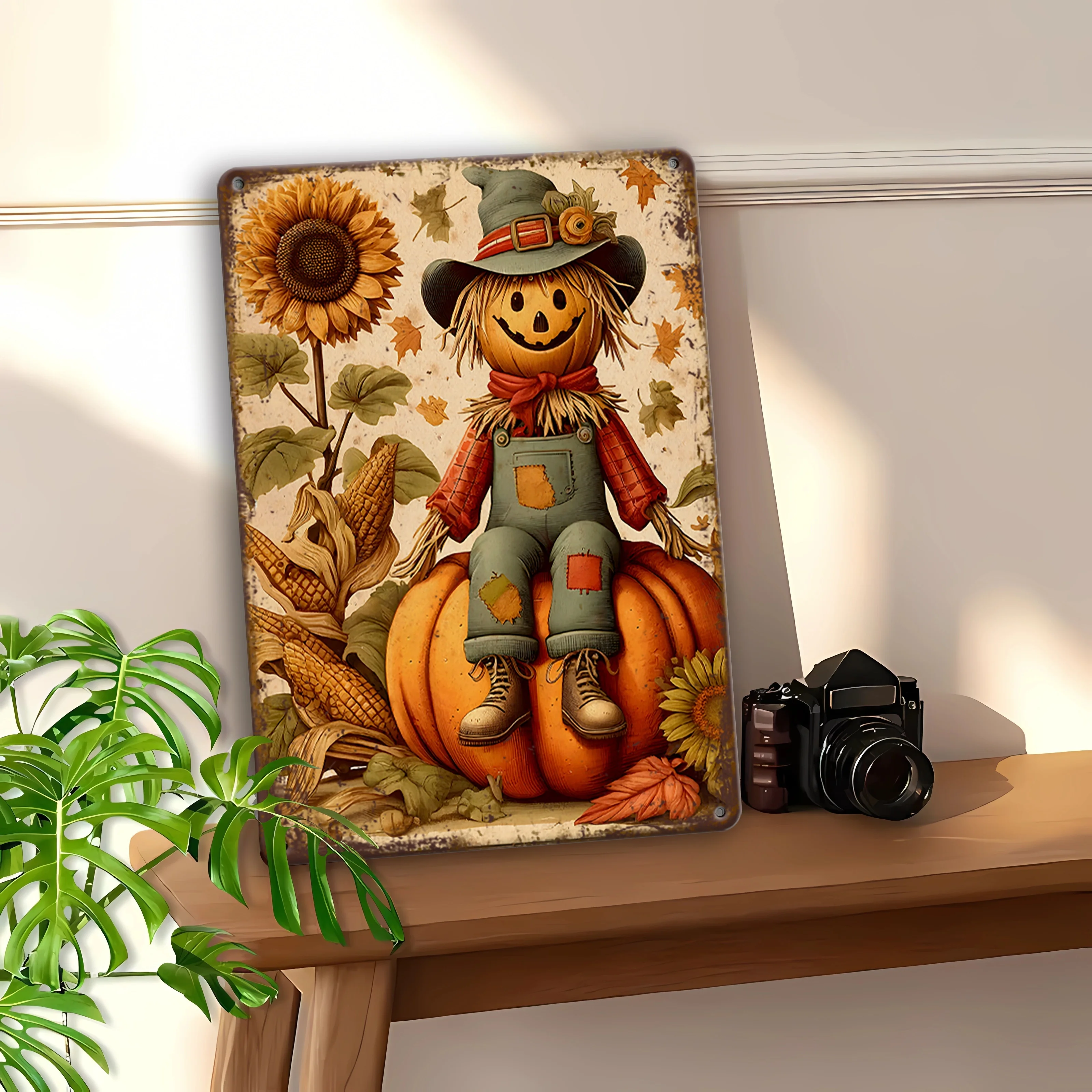 Vintage Fall Scarecrow & Pumpkin Metal Sign - 11.9