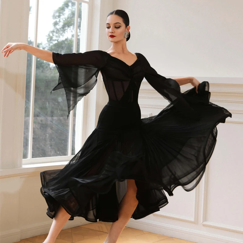 Black Floating Sleeves Latin Top Cake Skirt Female Waltz Ballroom Dance Competition Clothes Adults Stage Performance Dress 10239