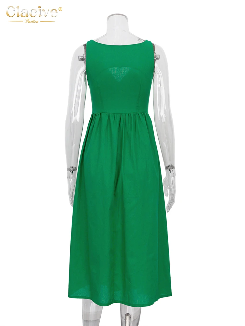 Clacive Summer V-Neck Green Women\'S Dress 2022 Casual Loose Sleeveless Office Midi Dresses Elegant Classic Ruched Female Dress