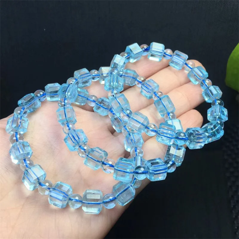 8MM Natural Aquamarine Cube Bracelet Women Reiki Healing Fengshui Lucky Stretchy Mala Bangles Women Hoilday Gift 1pcs