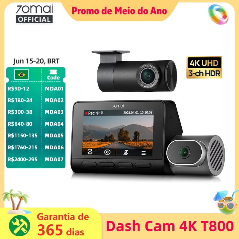 70mai Dash Cam 4K T800 com Módulo 4G UP04 Supercapacitor 3 Canais HDR Wifi 6 GPS Controle Remoto Alerta em Tempo Real 70mai T800