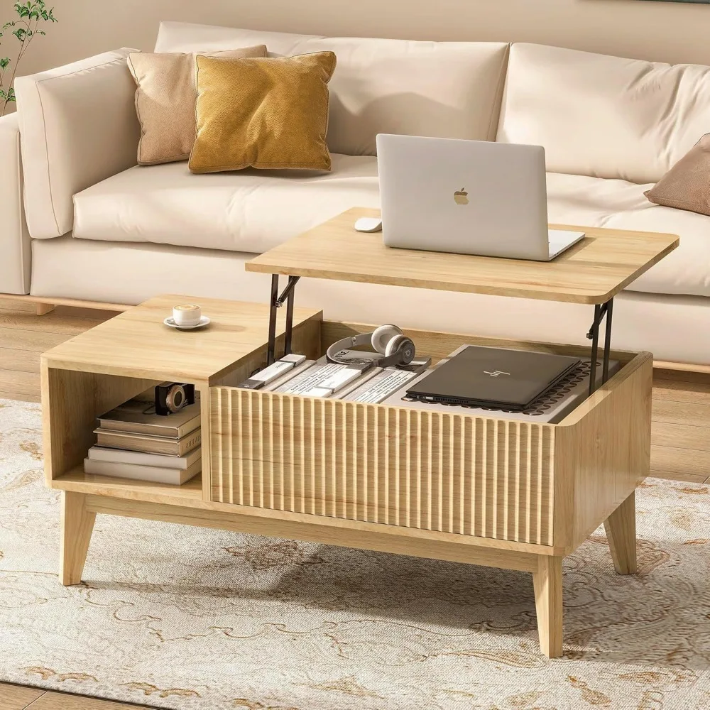 Mesa de centro elevatória canelada com compartimento oculto, mesa central moderna para sala de estar, escritório doméstico, natural