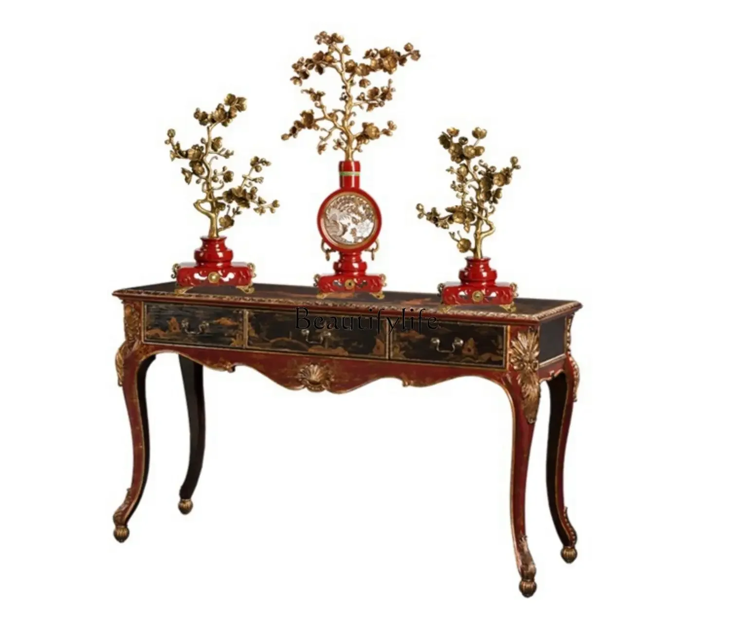 05 FG17French Style Ornament Red Ceramic Inlaid Copper Phoenix Flying Brass Plum Blossom Money Tree Decoration