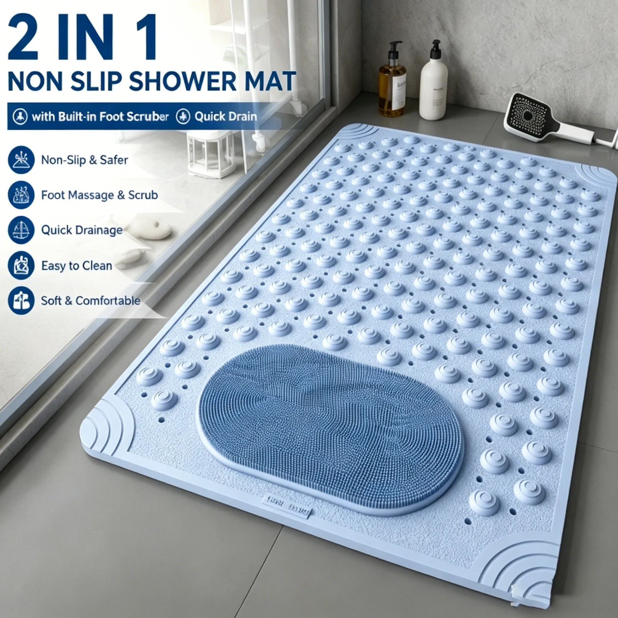 2 in 1 Non Slip Shower Mat with Built-in Foot Scrubber Quick Drain Bath Mat Powerful Suction Cup for Bathroom Shower Floor