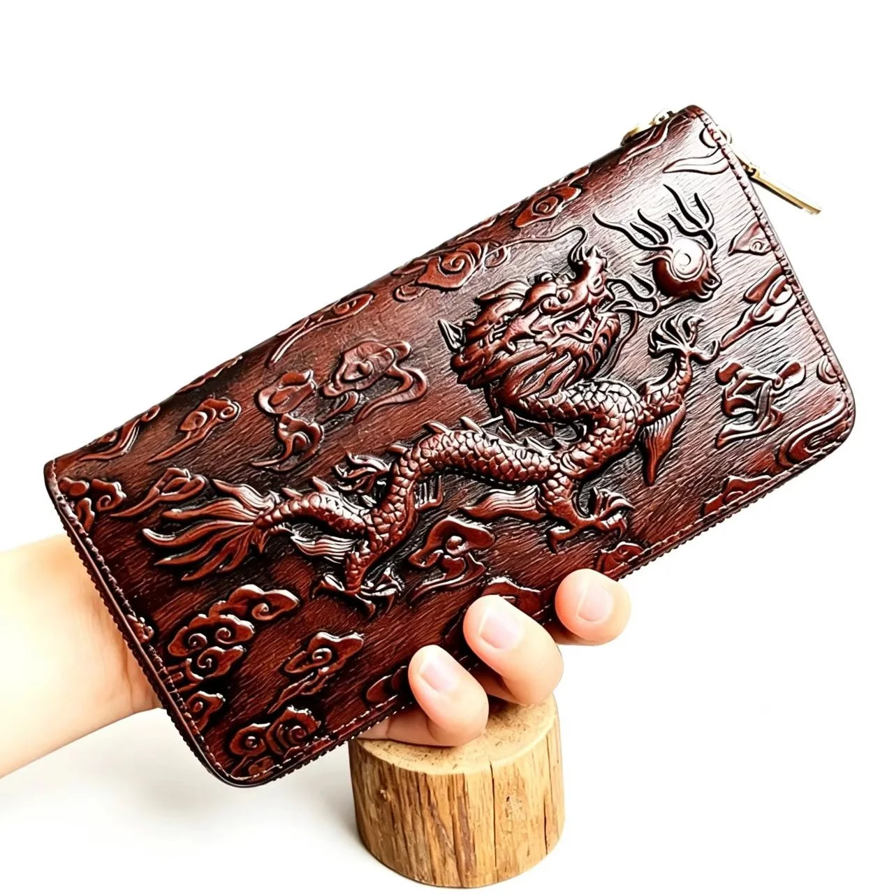 3D Embossed Chinese Dragon Genuine Leather Wallet Long Handmade Purse Brown Cowhide Zipper Clutch Unique Gift for Men or Women