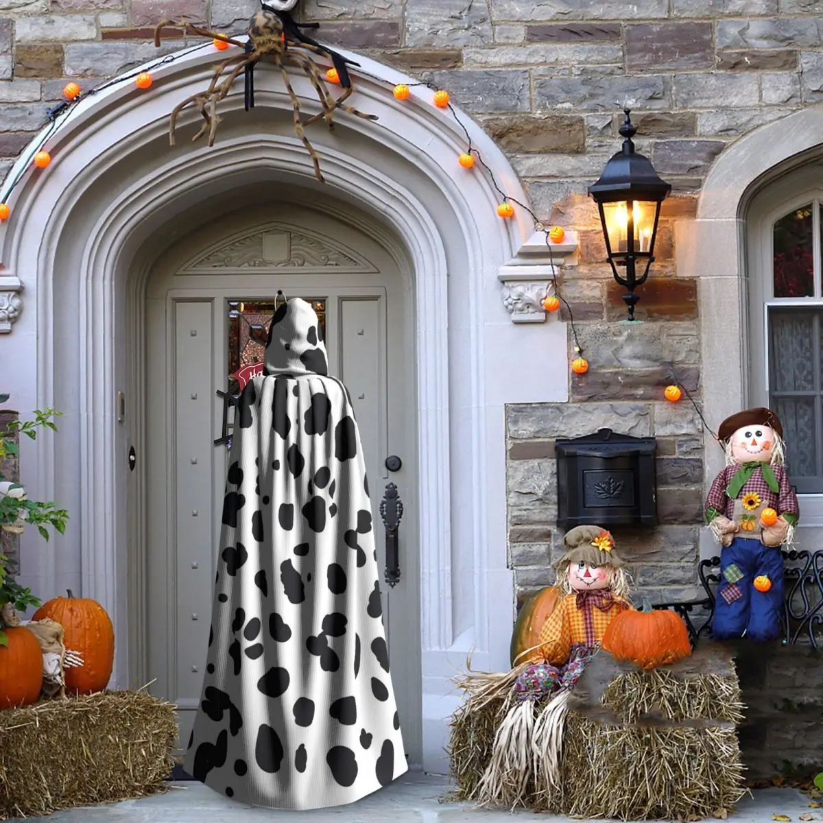 달마시안 반점 발자국 프린트 달마시안 개 프린트 롱 후드 망토 마녀 중세 의상 코스프레 케이프 할로윈 뱀파이어 성인용