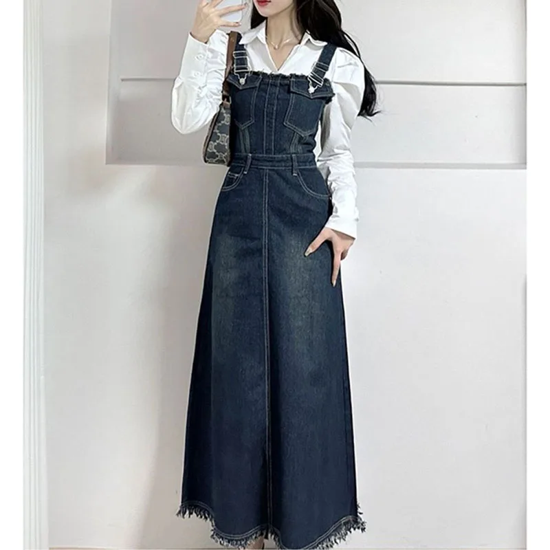 Vintage Strap Denim Dress Women's Spring Summer New Large Size A- Line Tassel Jeans Dress Lady Y2K Long Streetwear Slim Sundress