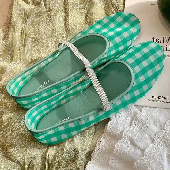 breathable-leather-version-flat-grid-pattern-women's-shoes-elastic-strap-ballet-flats-versatile-lightweight-comfortable-summe