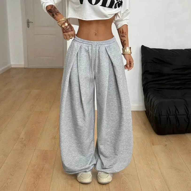 Women Y2K Streetwear High Waist Sweatpants Loose Pleated Wide Leg Casual Sports Pants Solid Color Relaxed Fit Chic New
