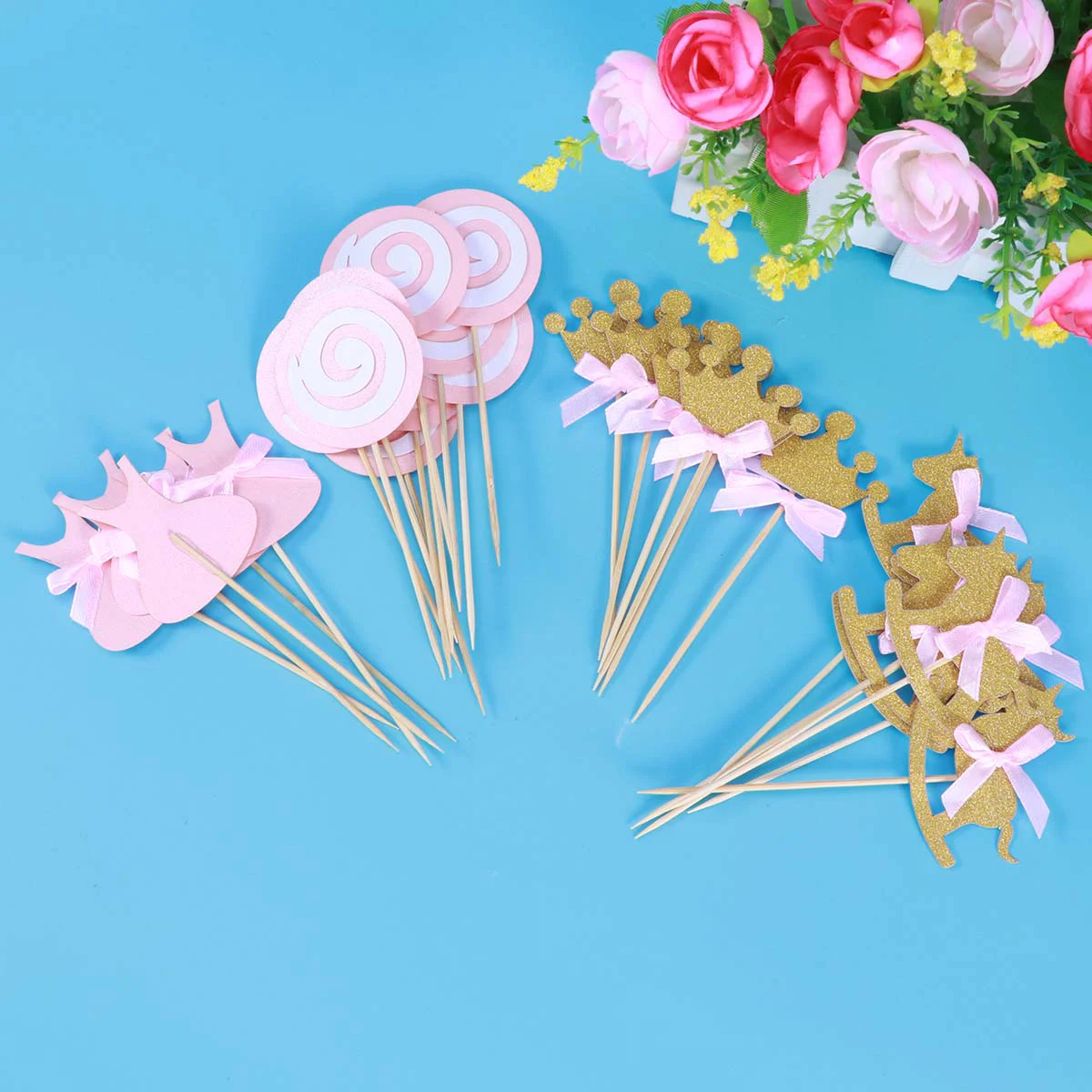 

27 Pcs Pink Themed Cupcake Toppers Birthday Party Cake Picks Food Decoration Supplies for Birthday Party(Crown/Lollipop/ H