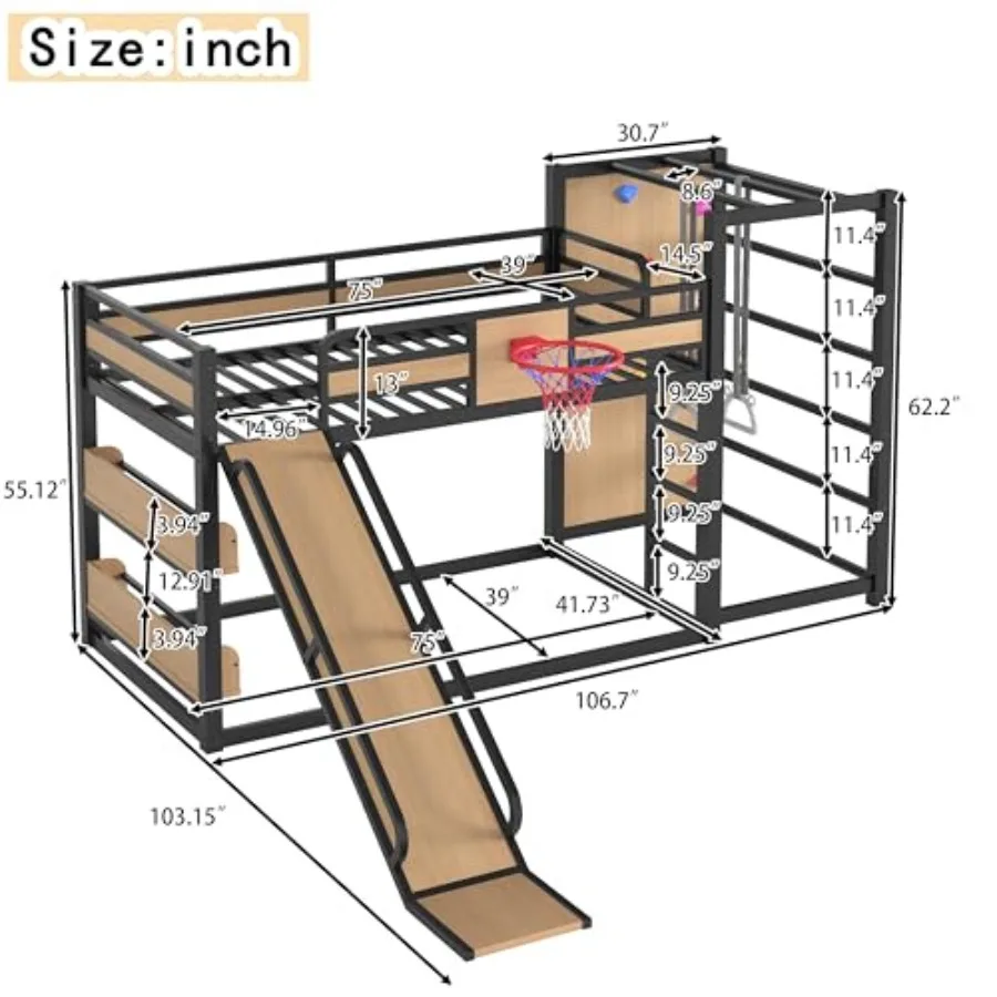 Metal Loft Bunk Bed with Basketball Hoop, Pull-Up Rings, Climbing Wall Built-in Bookshelves Playful'Bedroom Design with Slide,
