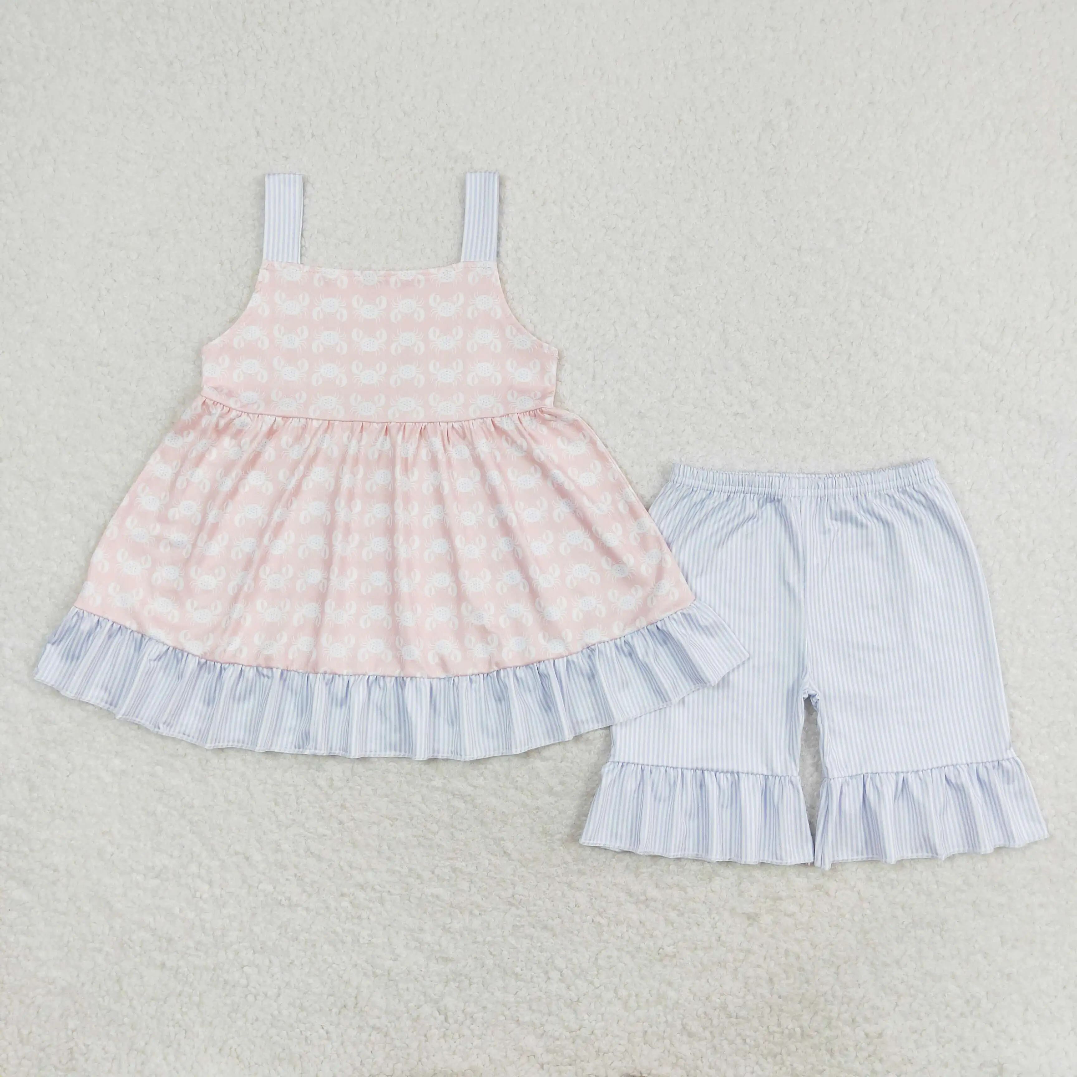 

z99-13 GSSO1306 Summer Boutique baby girls clothes Crab striped lace sleeveless shorts sets Wholesale kids clothes girls