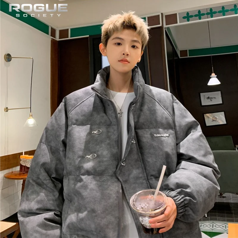 New Vintage Y2K Streetwear Men's PU Leather Puffer Jacket Metal Aircraft Buckle Thick Warm Loose Fit Winter Casual Outfit Jacket
