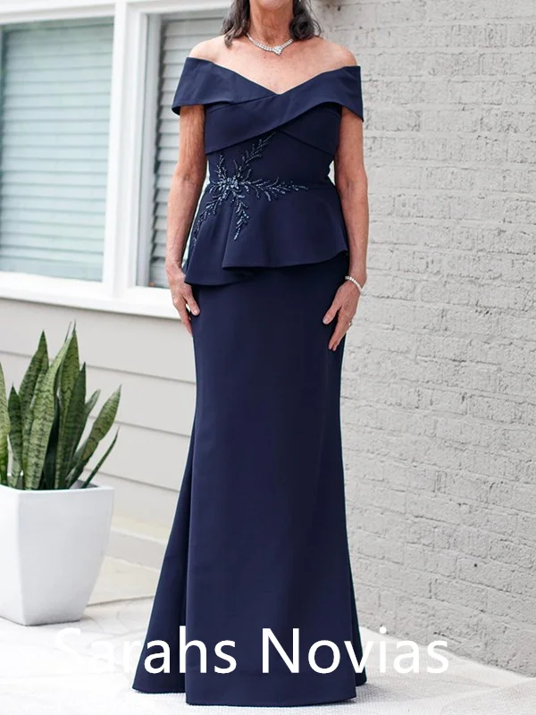 Dark Navy Blue Long Mother Of Bride Dresses Off the Shoulder Stretch Crepe Floor Length Women Elegant Wedding Party Dress