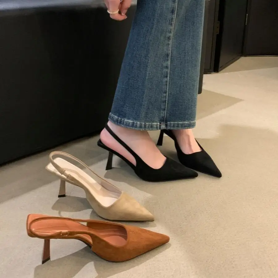 

Elegant Black Pointed Toe Sandals Fashionable Lady's Mules Fairy Shoes Spring Summer High Heels Single Shoes for Women