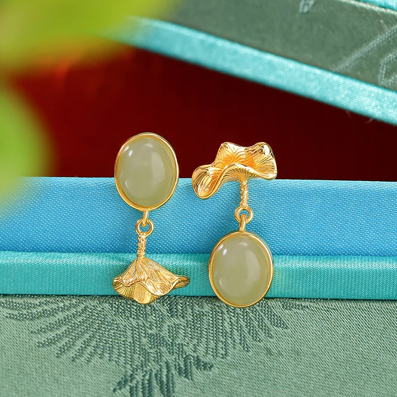 S925 Sterling Silver Gold-Plated Hetian Jade Vintage Ruffle-Shaped Stud Irregular Earrings