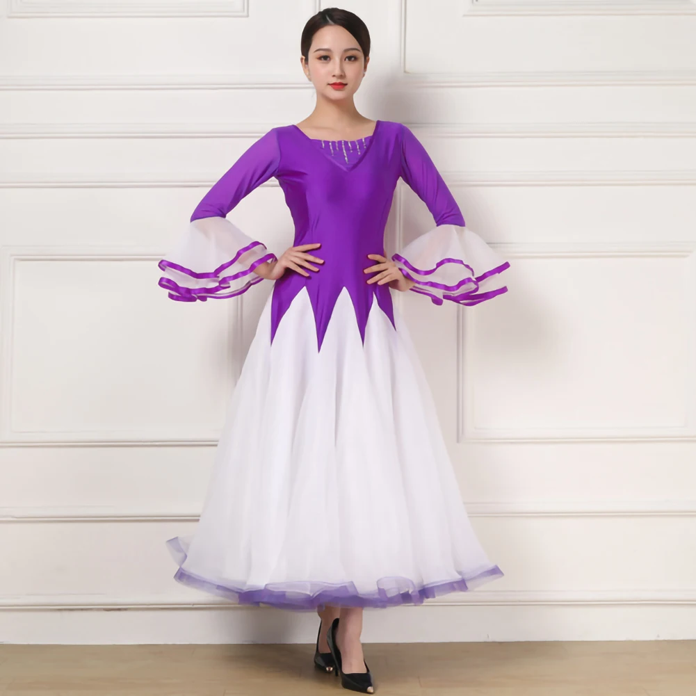 

Purple Tournament Dress Standard Ballroom Dance Competition Dress Bell Sleeves Big Skirt Dance Suit Waltz Rhinestones Blue Wear