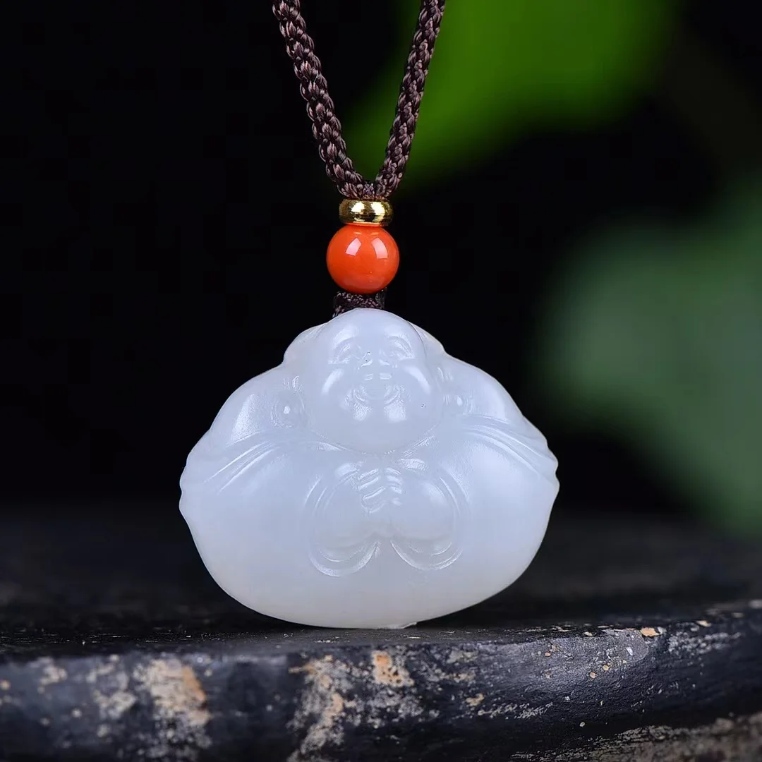 

Exquisite Hetian Jade Qinghai Material Mutton Fat White Jade Rich Happy Hug Buddha Pendant Jewelry 1195#