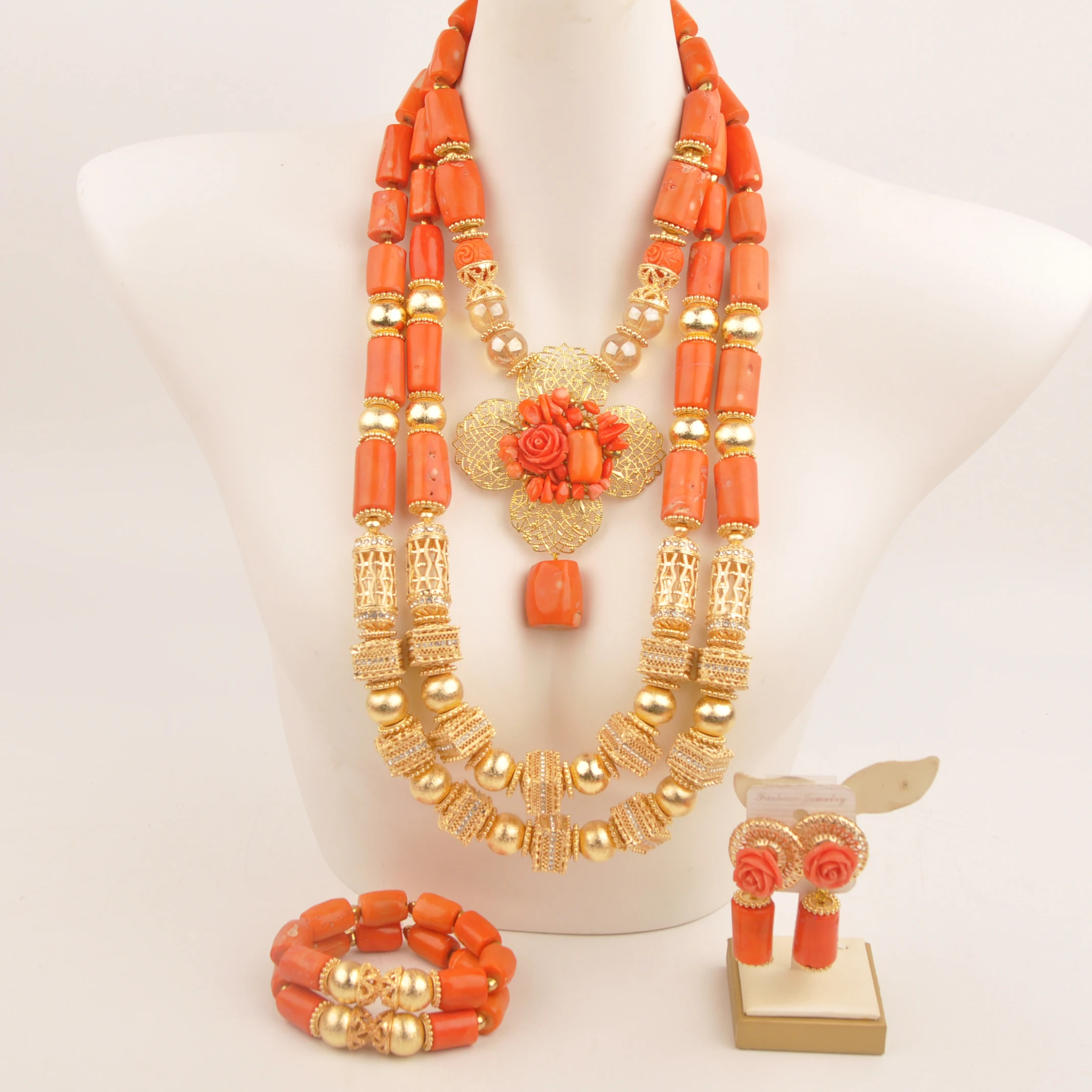 Natural coral Nigerian Wedding Fashion Jewelry African Necklace Orange