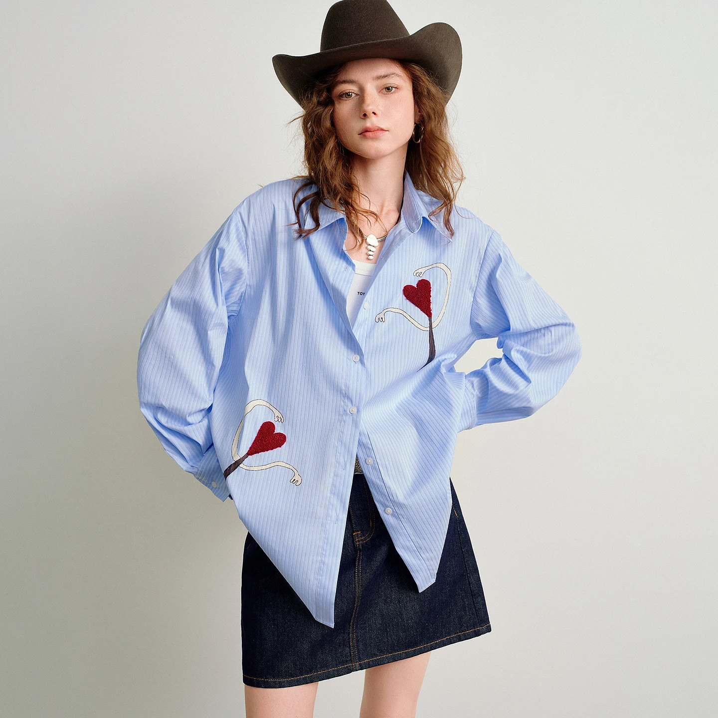 TOYOUTH Women Light Blue Striped Shirts 2026 Spring New Fun Anthropomorphic Heart Pattern Age-Reducing Blouses Tops