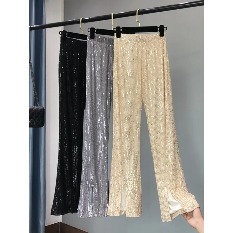 New Fashion Sequined Women Slim Fit Slimming Micro Flared Pants Elegant Drape High Waist Lady Floor Length Pants