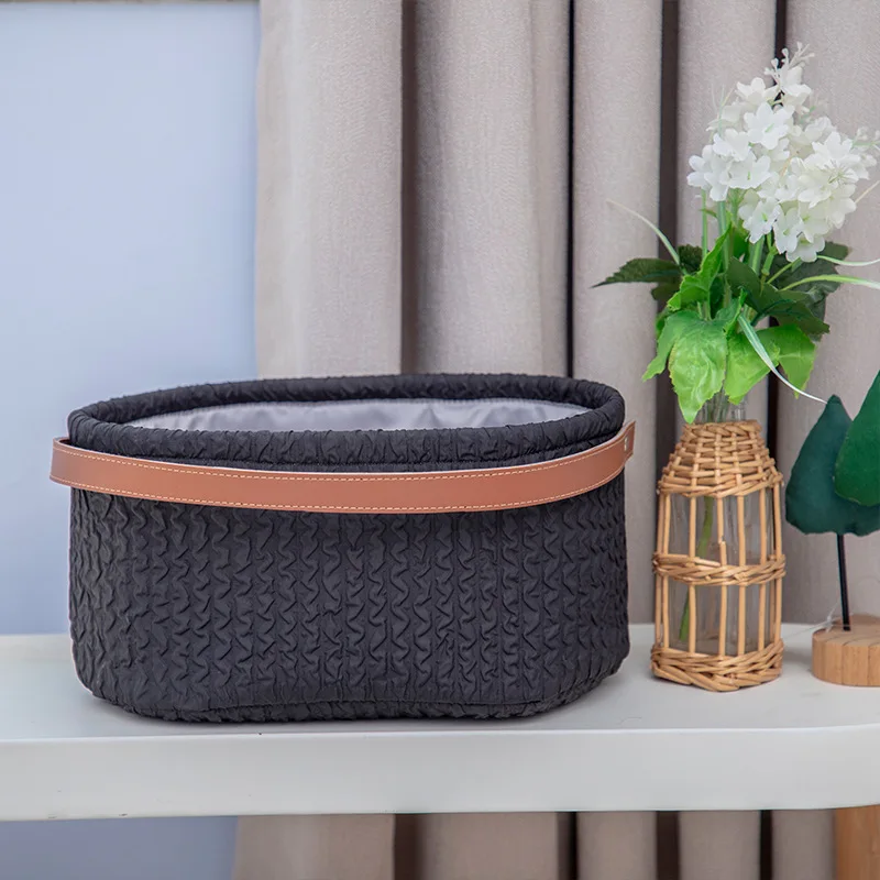 Fabric Storage with Leather Handles Cross-border Hot-sell Foldable Outing Picnic Camping Storage Basket Desktop Storage Basket