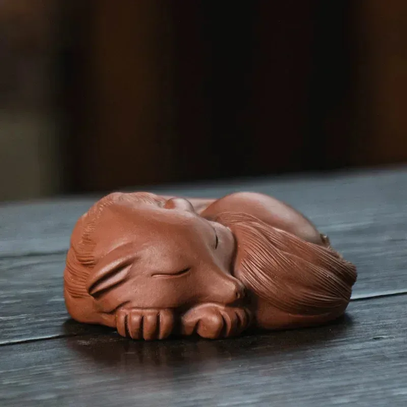 Vintage Purple Clay Nine Tailed Fox Tea Pet Ornament Hand Carved Animal Figurine Tea Table Decoration Craft