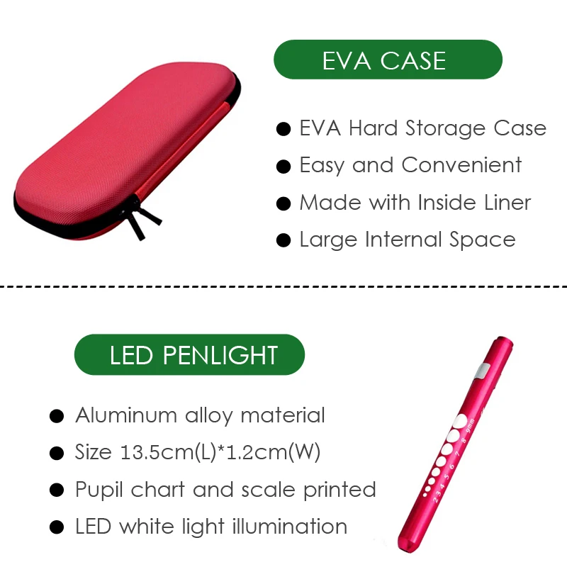 Red Medical Health Monitor Storage Case Accessory Kit and Stethoscope Otoscope Tuning Fork Reflex Hammer LED Penlight Torch Tool