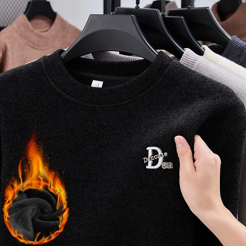 

Korean Jacquard Sweaters Men's Casual Round Neck Knitted Pullovers Winter Thickened Warm Knitwear Tops Men Clothing