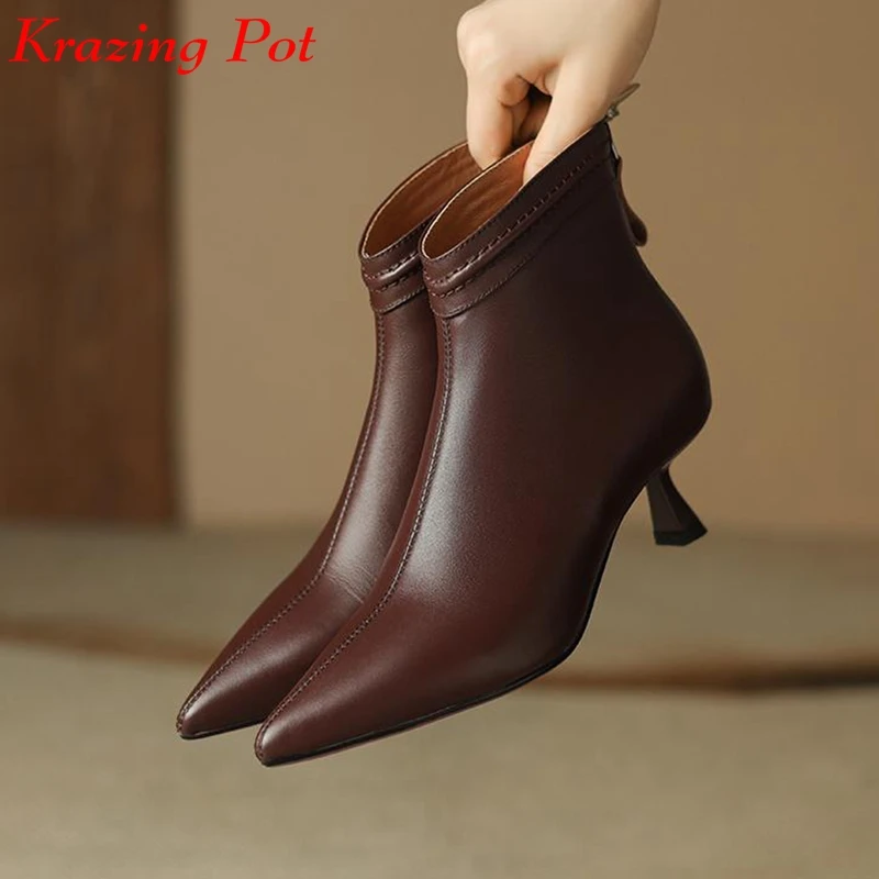 

Krazing Pot Fashion Cow Leather Pointed Toe Winter Keep Warm Modern Boots Thin Med Heels Beauty Lady Dance Party Ins Ankle Boots