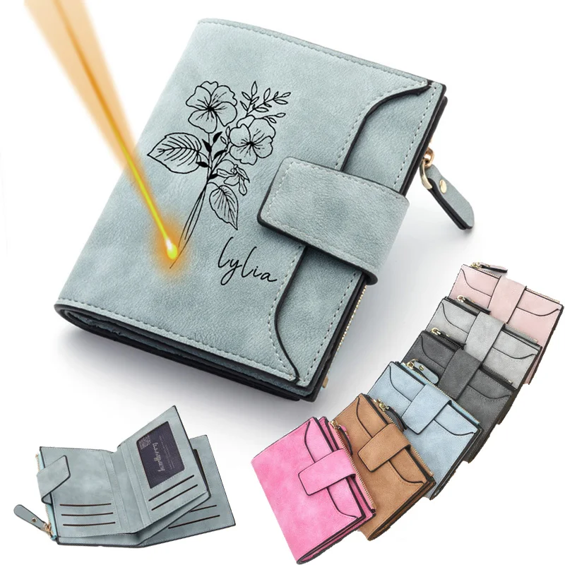 Customized Name Leather Women's Wallet Personalized Birth Flower Design Purse Hasp Slim Coin Pocket for ladies Cards Holders