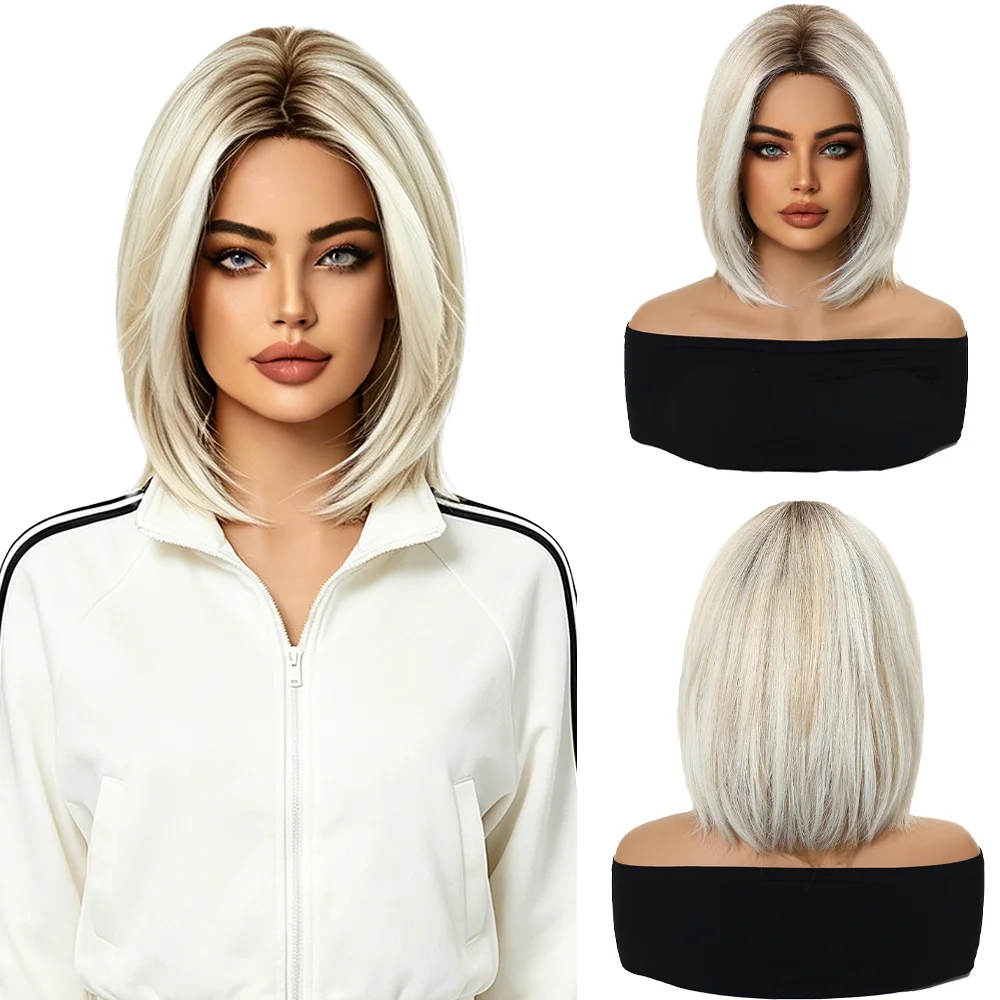 Women Short Straight Bob Wigs Platinum Blonde Ombre Heat Resistant Synthetic Hair Natural Look For Halloween Costume Party Daily