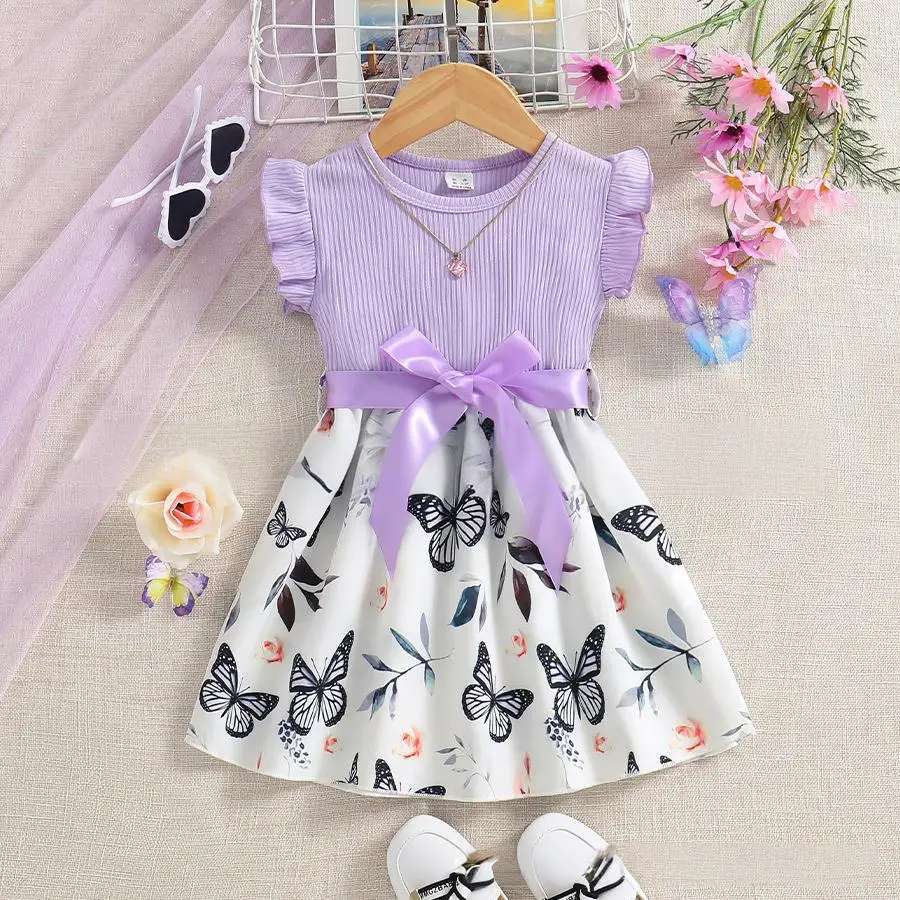 

Children Girls Dresses Set Ruffled Sleeve Butterfly Print Tulle Princess Dress with Belt for Kids 90-130CM