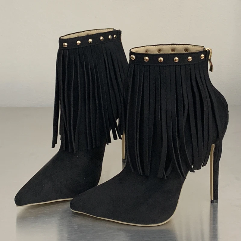 

Eilyken весенние дизайнерские женские ботильоны в стиле панк с заклепками и кисточками на молнии, женская обувь на тонком высоком каблуке с острым носком для вечеринки и выпускного вечера