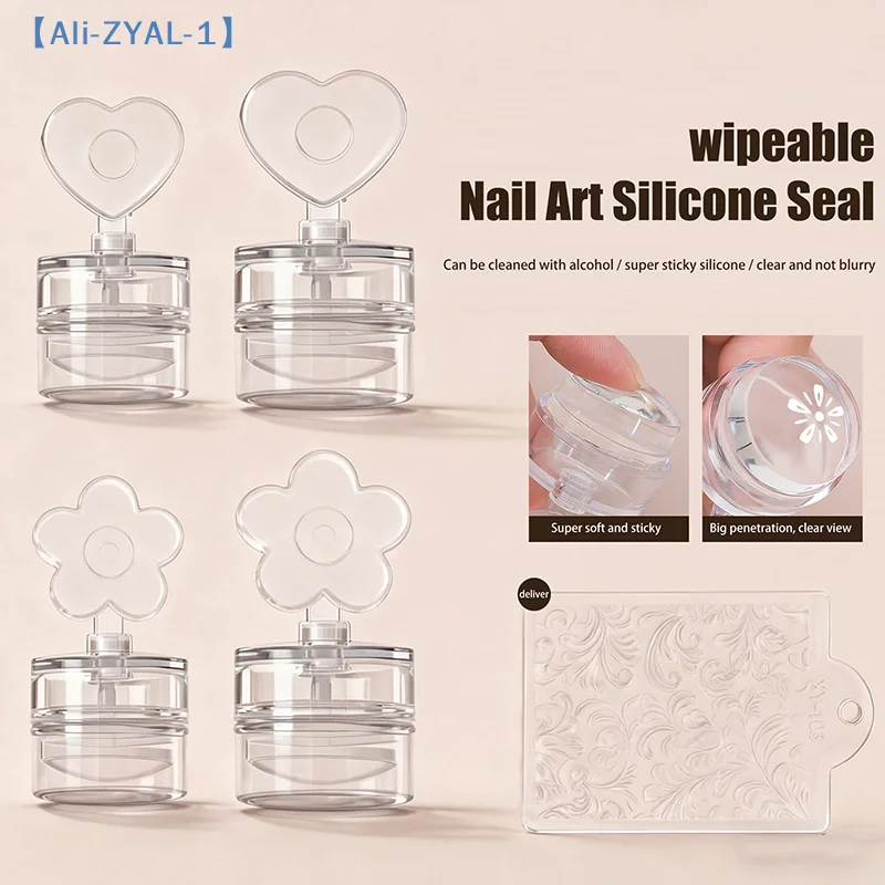 【ZYAL-1】Transparent Nail Stamper With Scraper Heart Flowers Shaped Jelly Silicone Head Stamp For French Nails Printing