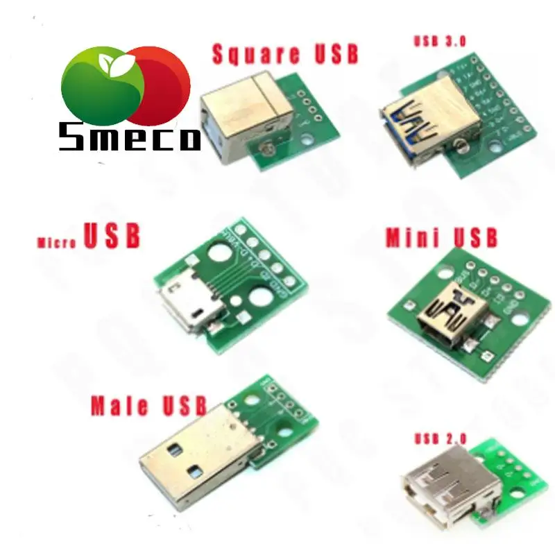 10 pces micro usb mini usb um macho usb 2.0 3.0 uma fêmea usb b conector interface para 2.54mm dip pcb conversor adaptador break